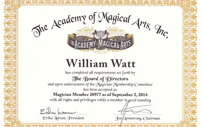 William Watt diplomé "Membre du World Famous Magic Castle" à Hollywood (Los Angeles) en 2014