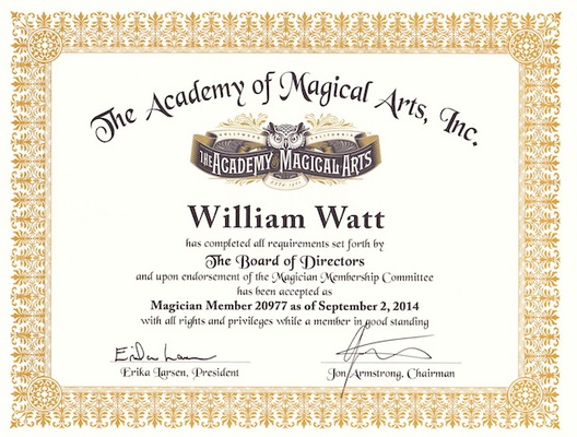 William Watt diplomé "Membre du World Famous Magic Castle" à Hollywood (Los Angeles) en 2014