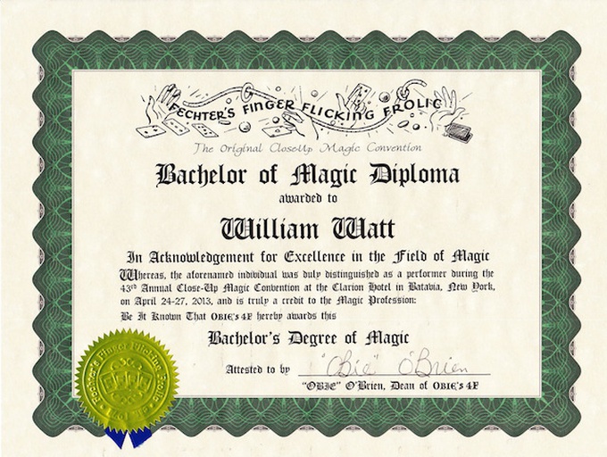 William Watt diplomé "Bachelor of Magic" à Buffalo (New-York) en 2013